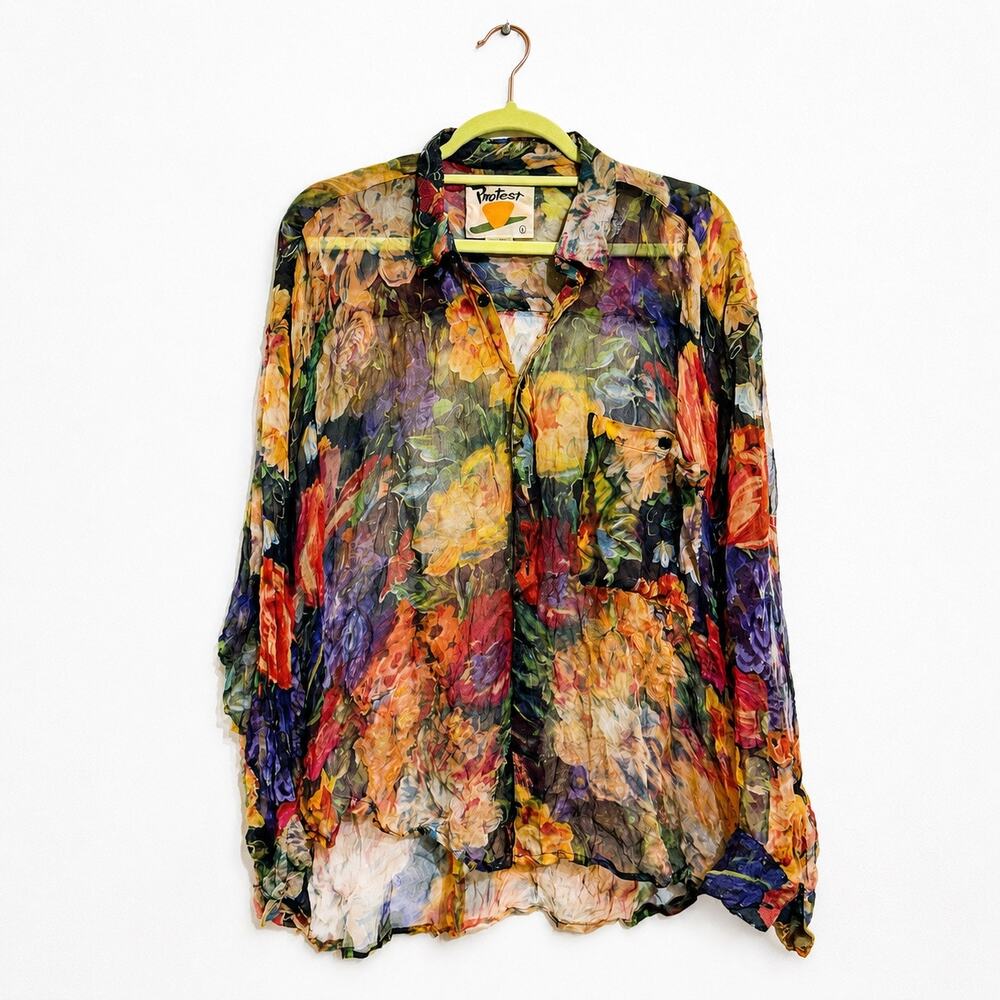 Protest Sheer Floral Crinkle Vintage 1990s Button Up Blouse Sz L
